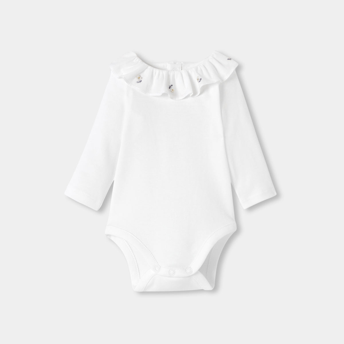 Baby girl long-sleeved bodysuit with hand-embroidered collar