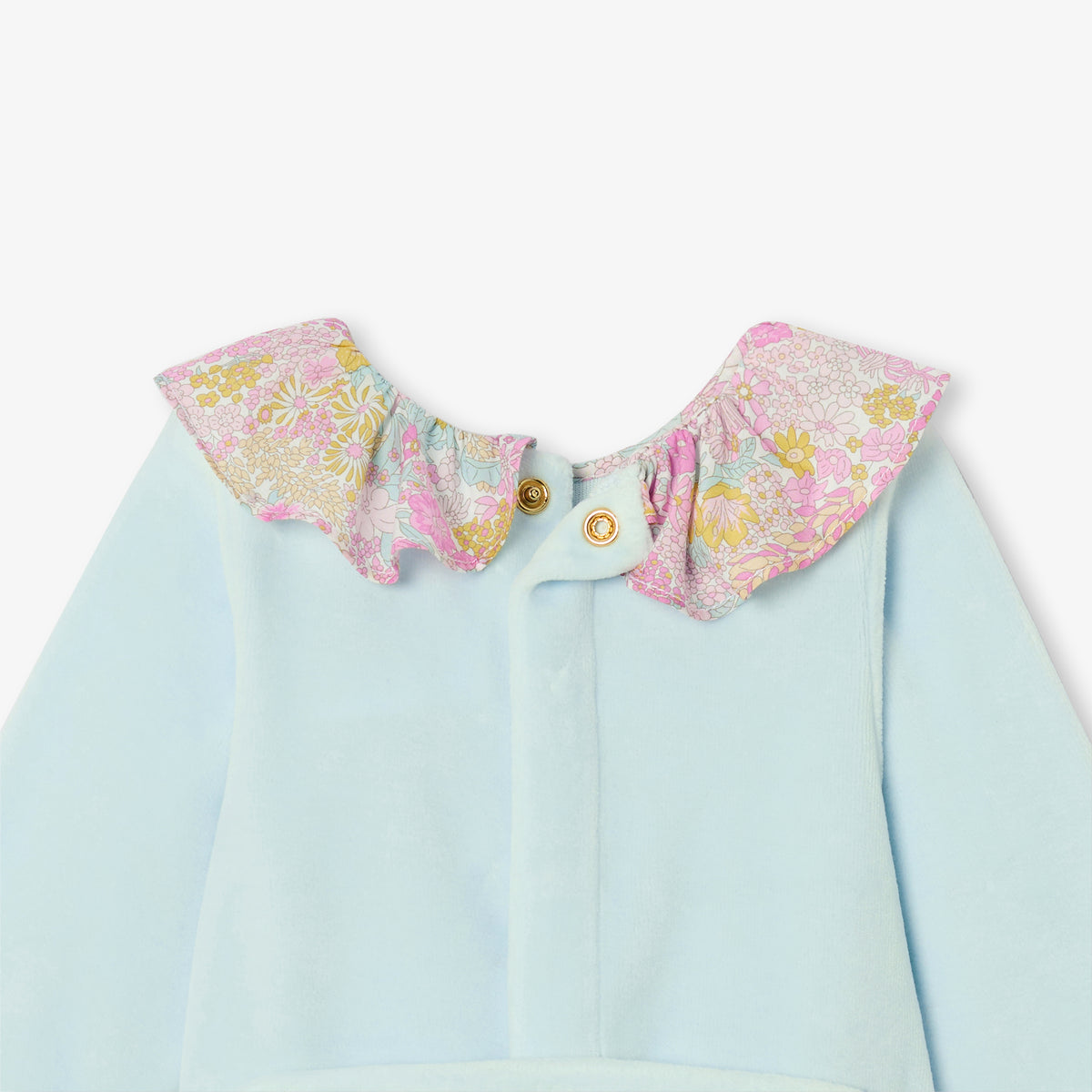Baby girl velvet pyjamas with Liberty fabric ruffled collar