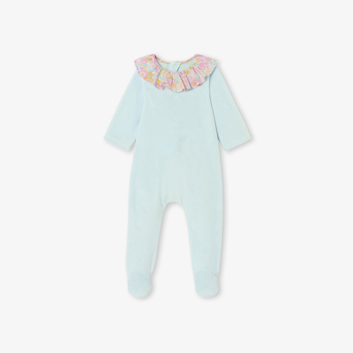 Baby girl velvet pyjamas with Liberty fabric ruffled collar