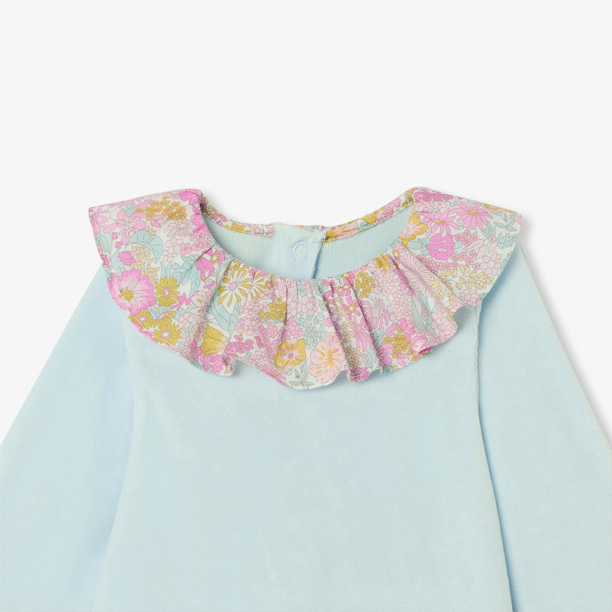 Baby girl velvet pyjamas with Liberty fabric ruffled collar