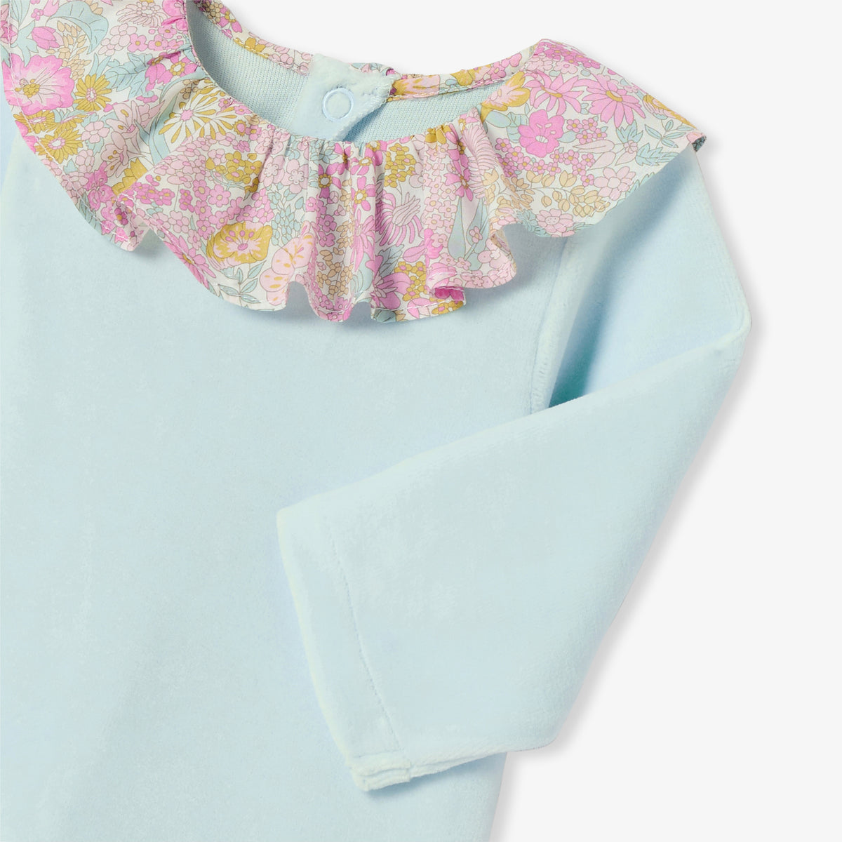 Baby girl velvet pyjamas with Liberty fabric ruffled collar